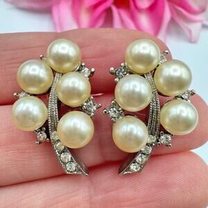 Vintage Unsigned Hobe Faux Pearl Cluster Rhinestone Earrings Wedding Bridal